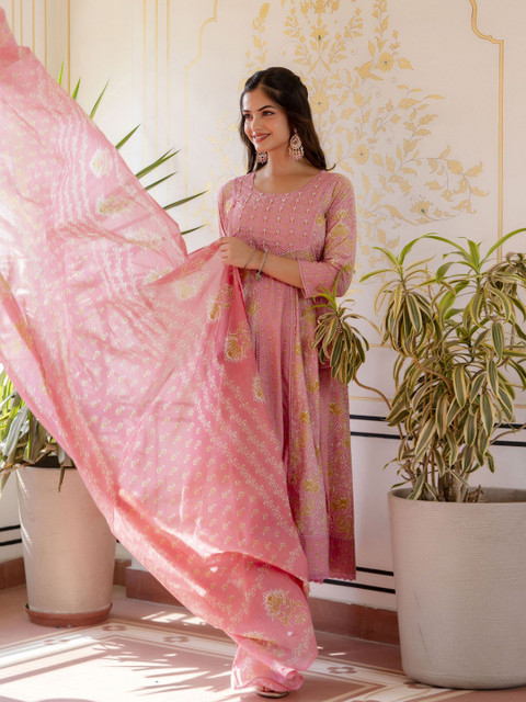 Anouk Women Floral Printed Panelled Aari Work Pure Cotton Kurta with Trousers & With Dupatta - Image 4