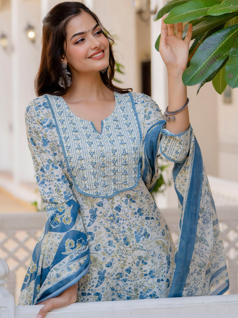 Anouk Women Floral Printed Regular Aari Work Pure Cotton Kurta with Trousers & With Dupatta