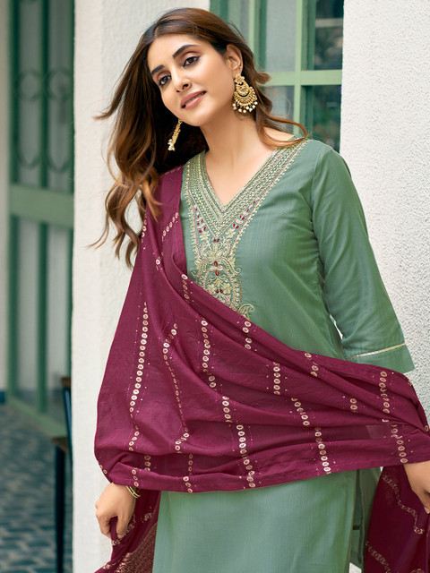 KALINI Women Embroidered Regular Sequinned Kurta with Trousers & With Dupatta