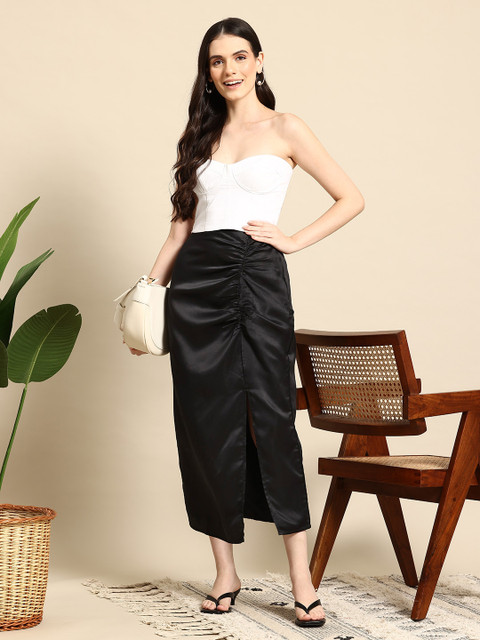 Mast & Harbour Satin-Finish Ruched Side-Slit Midi Skirt