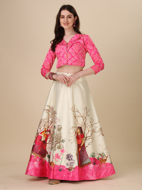Kaizen TEXO FAB Printed Satin Semi-Stitched Lehenga & Unstitched Blouse
