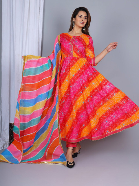 ELVISH JAIPUR Bandhani Printed Gotta Patti Pure Cotton Kurta with Trousers & Dupatta