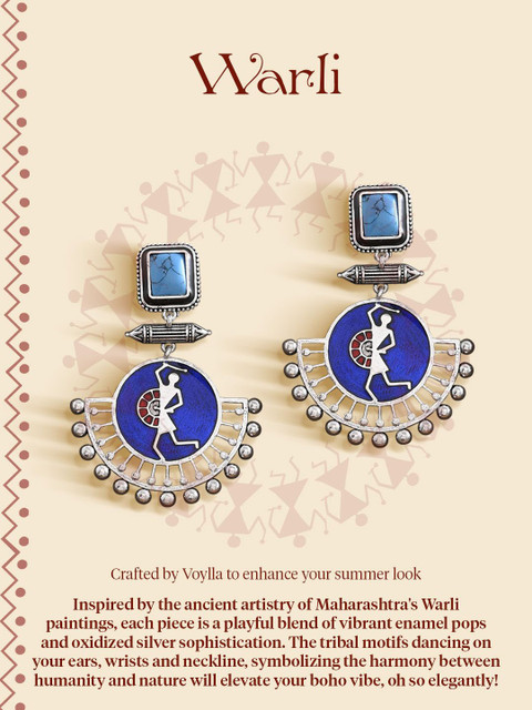 Voylla Silver-Plated Warli Contemporary Drop Earrings - Image 7