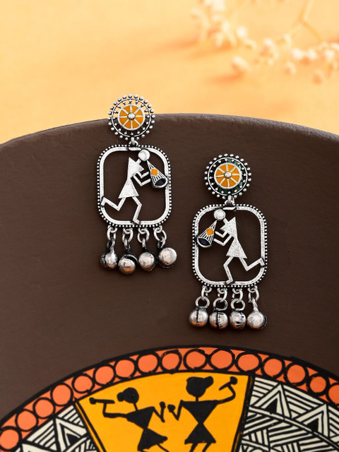 Voylla Silver-Plated Warli Contemporary Drop Earrings
