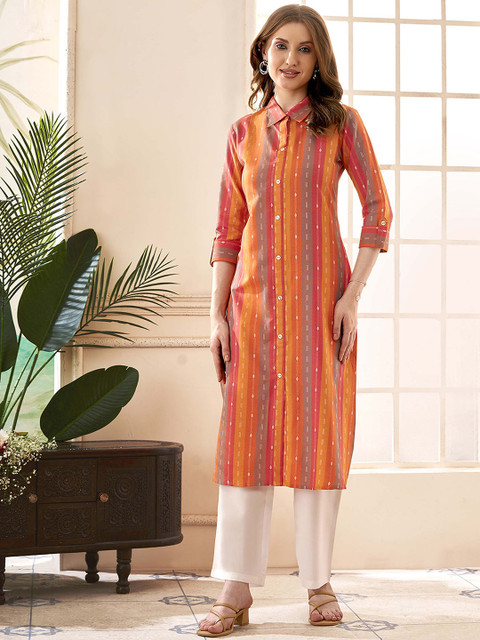 Anouk Rustic Orange Printed Shirt Collar Tunic with Trousers - Image 3