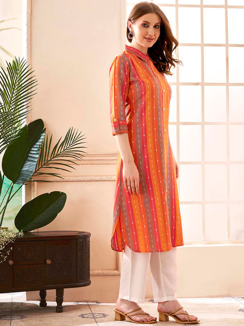 Anouk Rustic Orange Printed Shirt Collar Tunic with Trousers - Image 4