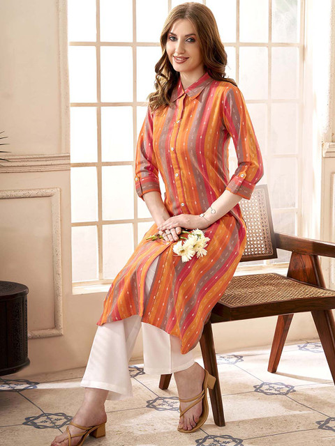 Anouk Rustic Orange Printed Shirt Collar Tunic with Trousers - Image 7