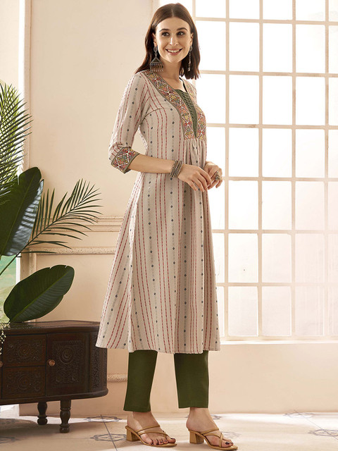 Anouk Rustic Women Pure Cotton Dobby Weave Handloom Pleated A-Line Kurta with Trouser - Image 5