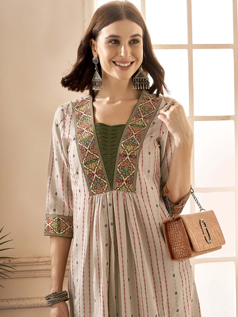 Anouk Rustic Women Pure Cotton Dobby Weave Handloom Pleated A-Line Kurta with Trouser - Image 3
