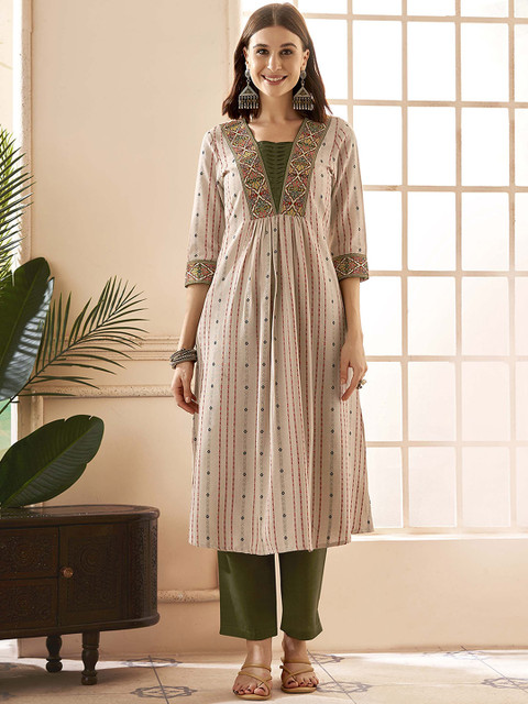 Anouk Rustic Women Pure Cotton Dobby Weave Handloom Pleated A-Line Kurta with Trouser - Image 2