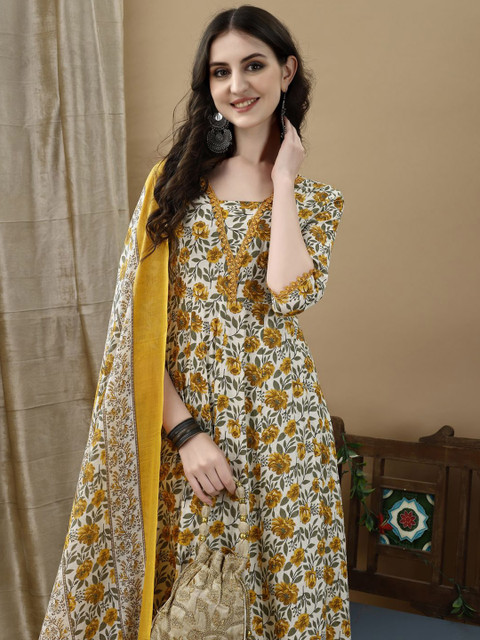 KALINI Floral Printed Pure Cotton Anarkali Kurta With Trousers & Dupatta - Image 2
