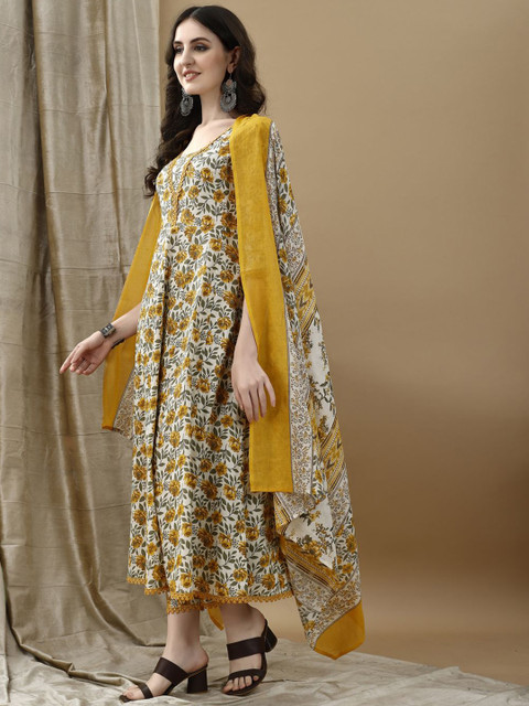 KALINI Floral Printed Pure Cotton Anarkali Kurta With Trousers & Dupatta - Image 5