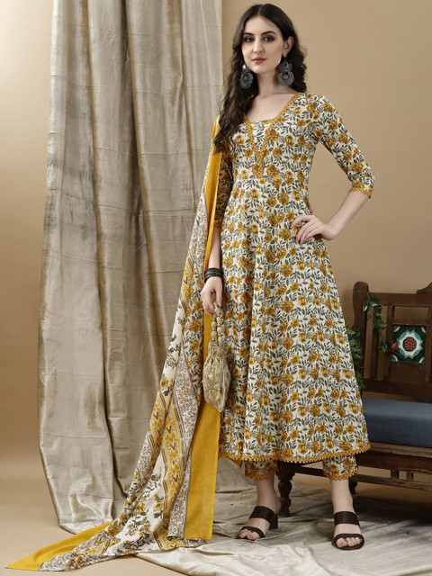 KALINI Floral Printed Pure Cotton Anarkali Kurta With Trousers & Dupatta - Image 7