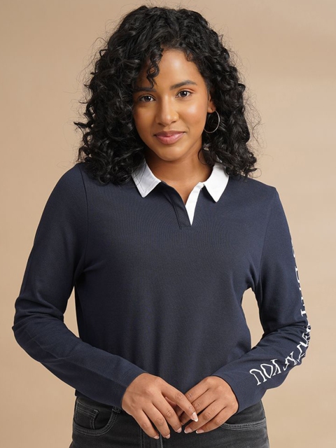 One Sky Women Typography Printed Polo Collar Long Sleeves Cotton T-Shirt