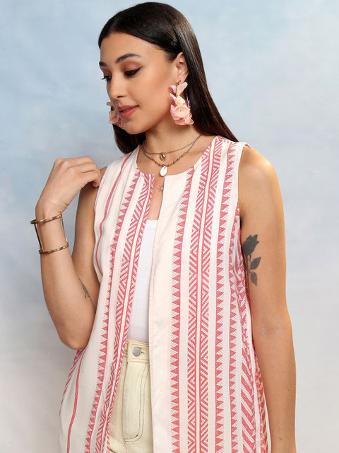 Vishudh White & Red Geometric Printed Longline Ethnic Shrug