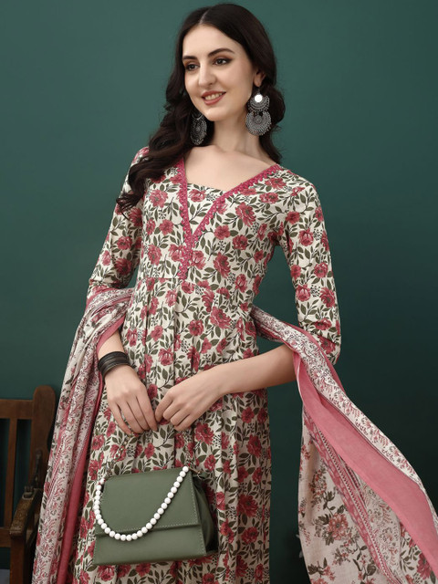 KALINI Floral Printed Pure Cotton Anarkali Kurta With Trousers & Dupatta - Image 2
