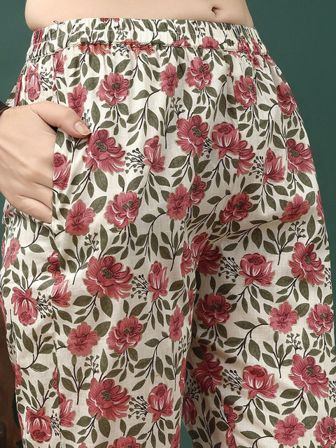 KALINI Floral Printed Pure Cotton Anarkali Kurta With Trousers & Dupatta - Image 3