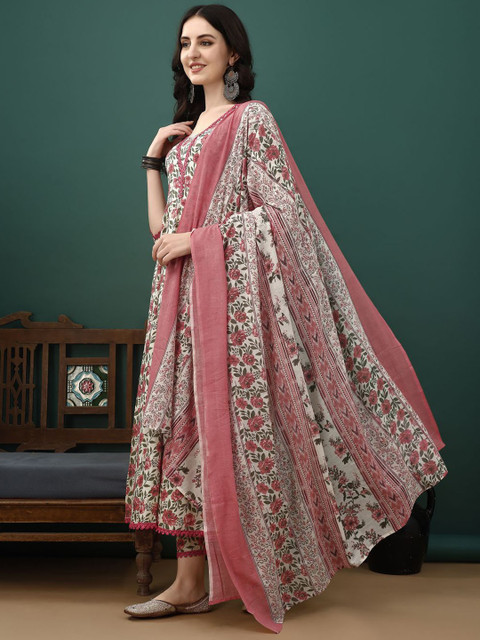 KALINI Floral Printed Pure Cotton Anarkali Kurta With Trousers & Dupatta - Image 5
