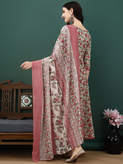 KALINI Floral Printed Pure Cotton Anarkali Kurta With Trousers & Dupatta - Image 6