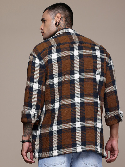 WROGN Tartan Checks Drop-Shoulder Sleeves Oversized Knitted Casual Shirt - Image 5
