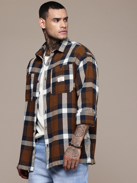 WROGN Tartan Checks Drop-Shoulder Sleeves Oversized Knitted Casual Shirt - Image 4