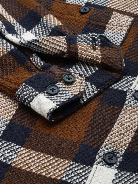 WROGN Tartan Checks Drop-Shoulder Sleeves Oversized Knitted Casual Shirt - Image 3