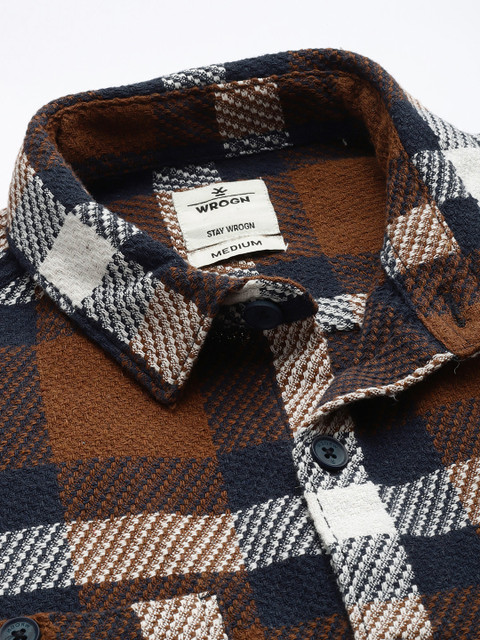 WROGN Tartan Checks Drop-Shoulder Sleeves Oversized Knitted Casual Shirt - Image 2