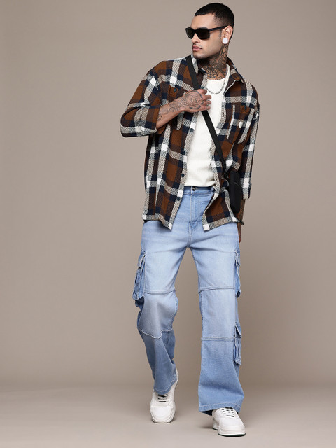 WROGN Tartan Checks Drop-Shoulder Sleeves Oversized Knitted Casual Shirt - Image 6