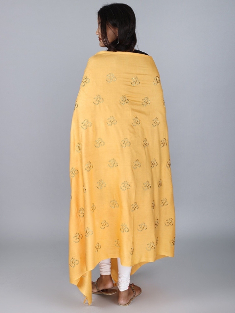 Exotic India Yellow Viscose Cotton Prayer Shawl with Zari Embroidered Om Motif - Image 4