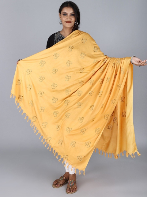 Exotic India Yellow Viscose Cotton Prayer Shawl with Zari Embroidered Om Motif - Image 5