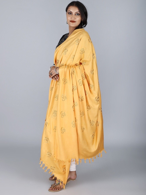 Exotic India Yellow Viscose Cotton Prayer Shawl with Zari Embroidered Om Motif - Image 3