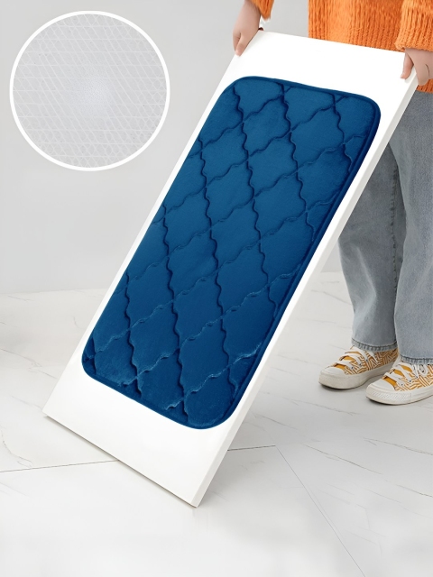 Story@home Blue Textured Microfiber Anti Skid 210 GSM Rectangular Bath Rug - Image 2