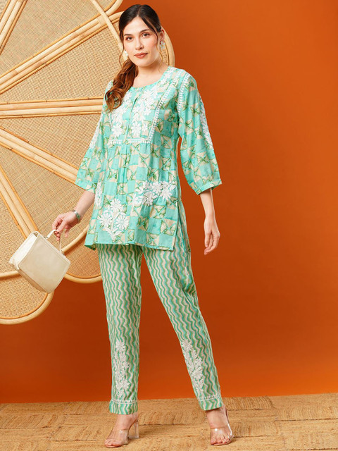 ADA Plus Size Ethnic Motifs Printed Round Neck Embroidered Tunic with Trousers - Image 6