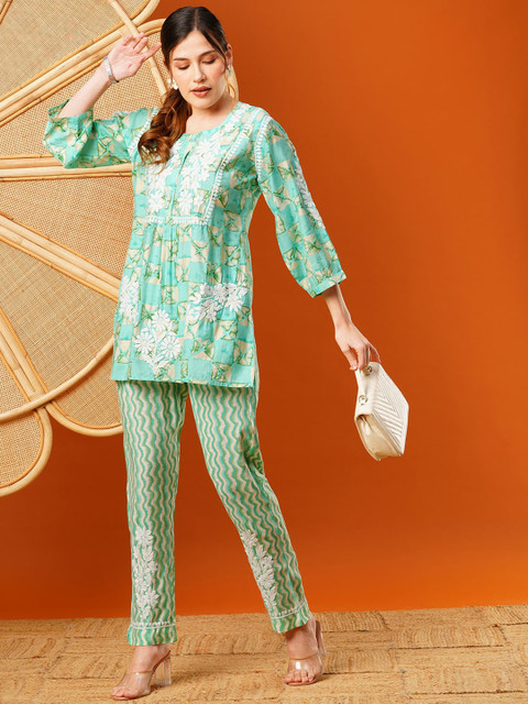 ADA Plus Size Ethnic Motifs Printed Round Neck Embroidered Tunic with Trousers - Image 5