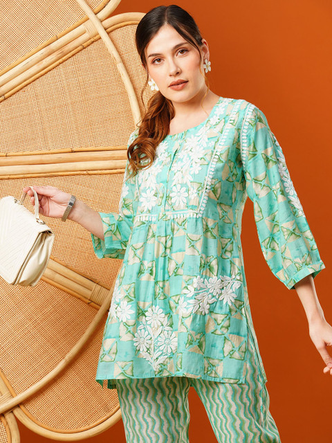 ADA Plus Size Ethnic Motifs Printed Round Neck Embroidered Tunic with Trousers - Image 2