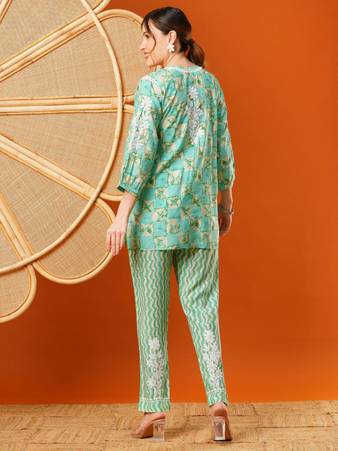 ADA Plus Size Ethnic Motifs Printed Round Neck Embroidered Tunic with Trousers - Image 4