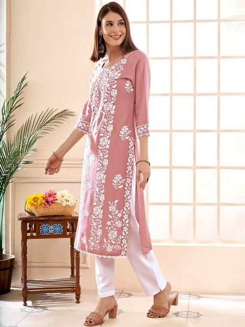 Anouk Floral Embroidered Round Neck Chikankari Straight Kurta - Image 5