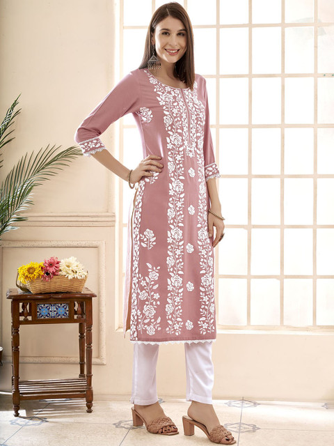 Anouk Floral Embroidered Round Neck Chikankari Straight Kurta - Image 4