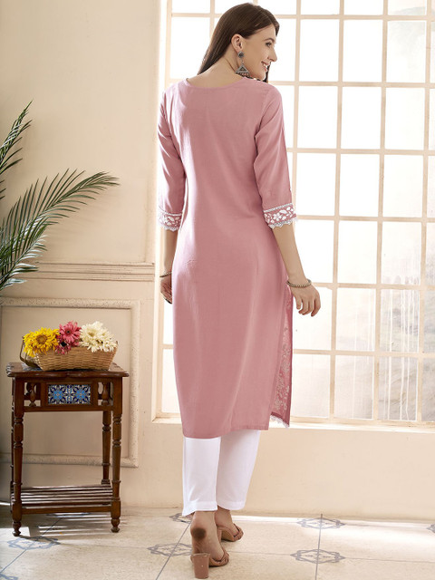 Anouk Floral Embroidered Round Neck Chikankari Straight Kurta - Image 6