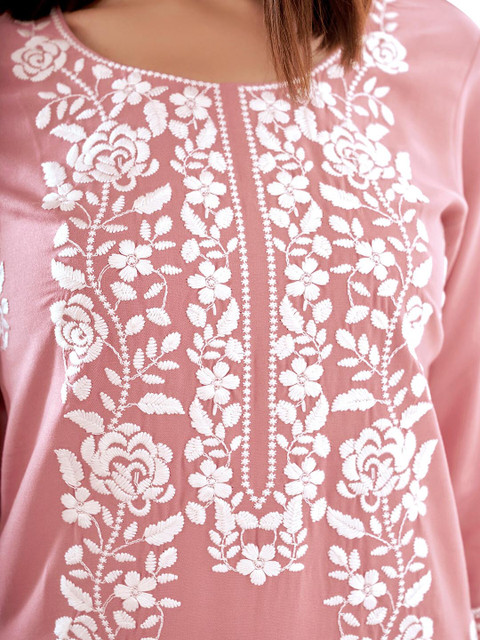 Anouk Floral Embroidered Round Neck Chikankari Straight Kurta - Image 2