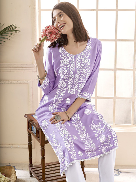 Anouk Floral Embroidered Round Neck Chikankari Straight Kurta - Image 6