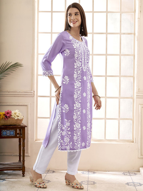 Anouk Floral Embroidered Round Neck Chikankari Straight Kurta - Image 3