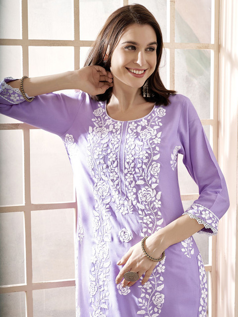 Anouk Floral Embroidered Round Neck Chikankari Straight Kurta - Image 7