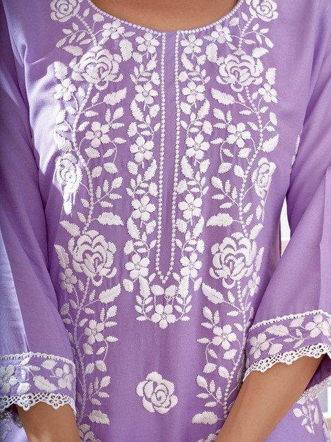Anouk Floral Embroidered Round Neck Chikankari Straight Kurta - Image 2