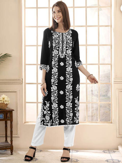 Anouk Floral Embroidered Round Neck Chikankari Straight Kurta - Image 3