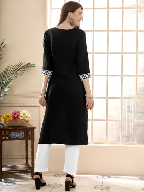 Anouk Floral Embroidered Round Neck Chikankari Straight Kurta - Image 6