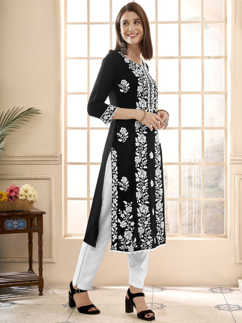 Anouk Floral Embroidered Round Neck Chikankari Straight Kurta - Image 5