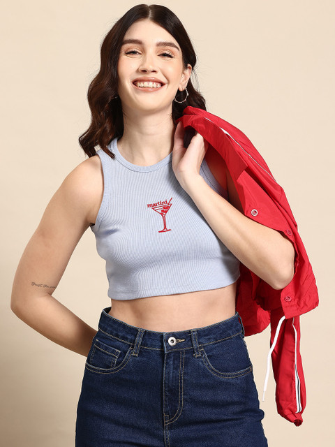 Mast & Harbour Ribbed Embroidered Crop Top
