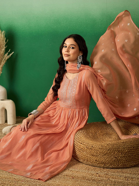 Sangria Peach Floral Embroidered A-Line Kurta With Trouser & Dupatta
