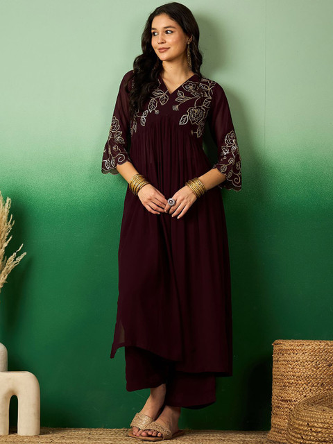 Sangria Brown Floral Embroidered V-Neck A-Line Kurta With Palazzo Set